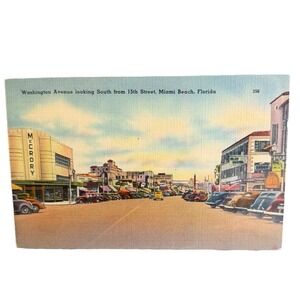 Vintage Linen Postcard Miami Beach Florida Washington Ave VW‎ Beetles Shopping